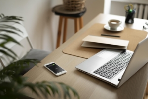 secretaria de trabalho com pc, telemóvel capa e café